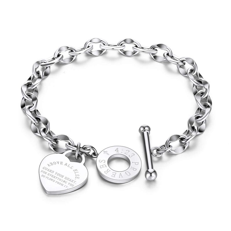 kelistom 316L Stainless Steel Love Heart Charm Bracelet for Women Romantic Gift Silver/Rose/18k Gold Plated OT Clasp Bracelets (silver) - Image 1